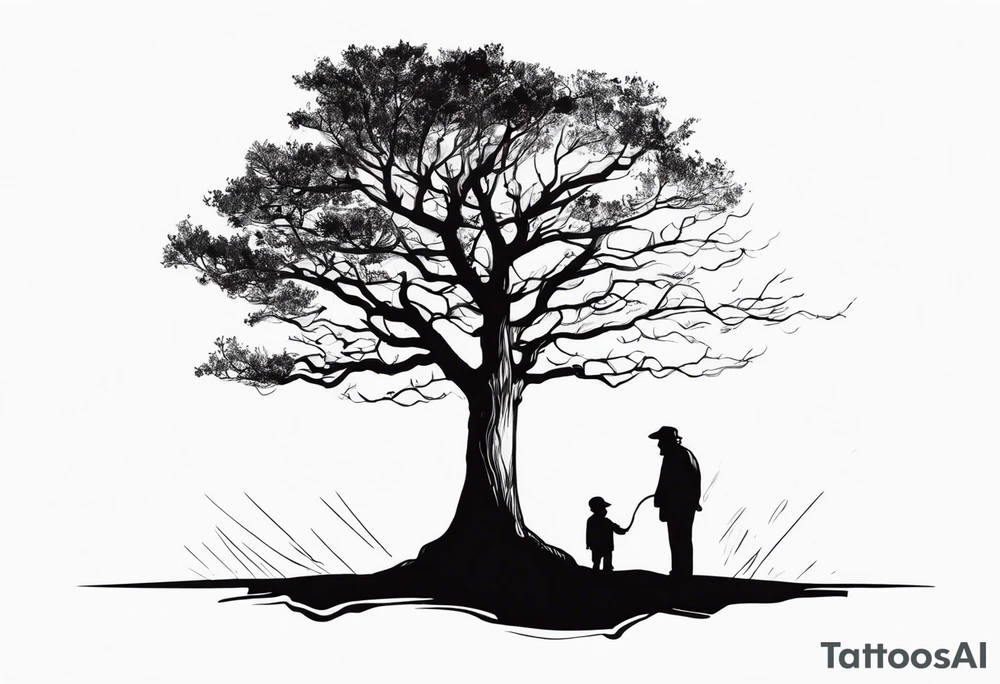 A tree, underneath the tree place an old man and his adult son into distance, same side of tree tattoo idea