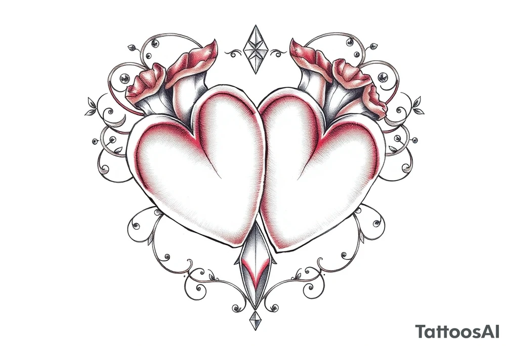 Two hearts surrounded by filigree and crystal or gem accents tattoo idea