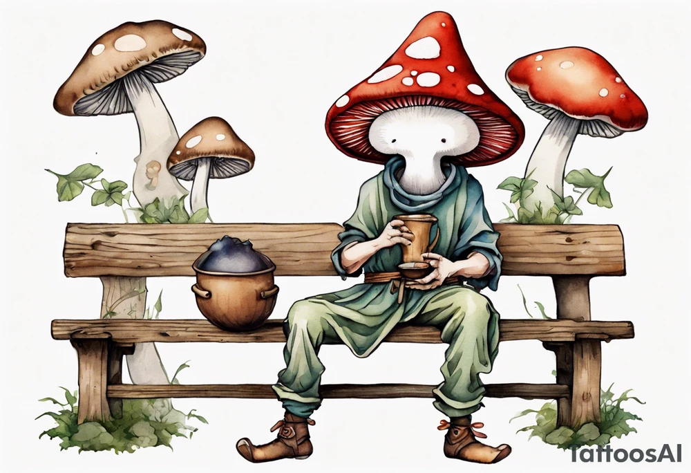 a mushroom person with a mouse-like face wearing a mushroom hat wearing a medieval tunic drinking from a wood cup, sitting on a bench laughing tattoo idea