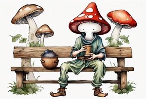 a mushroom person with a mouse-like face wearing a mushroom hat wearing a medieval tunic drinking from a wood cup, sitting on a bench laughing tattoo idea
