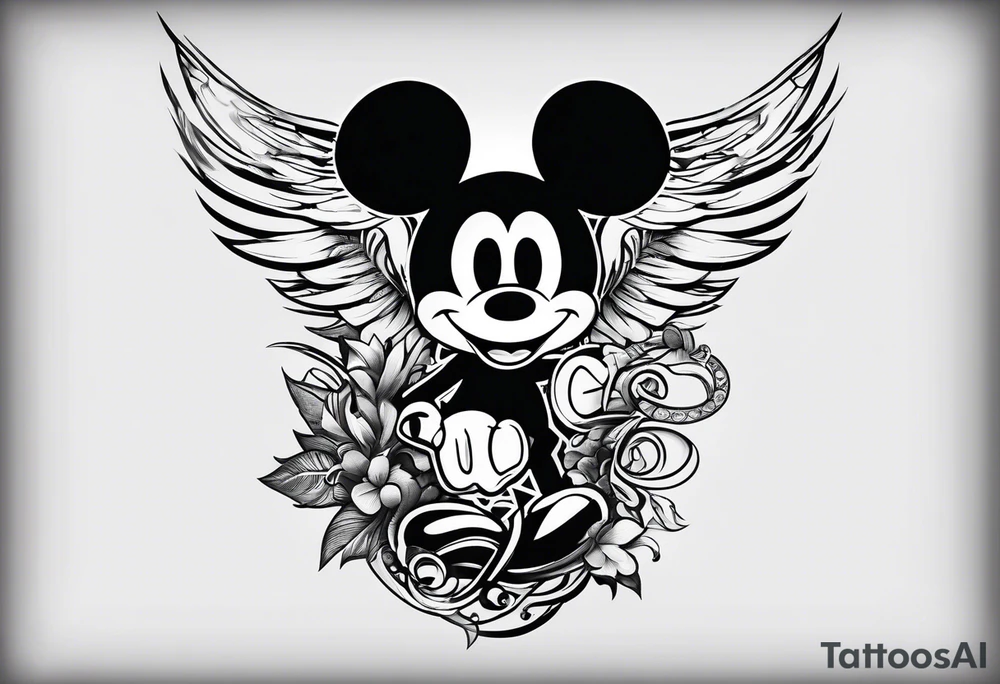 Tattoo full left arm with a collage of  a medicine caduceus and a mickey mouse silhouette tattoo idea