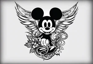 Tattoo full left arm with a collage of  a medicine caduceus and a mickey mouse silhouette tattoo idea