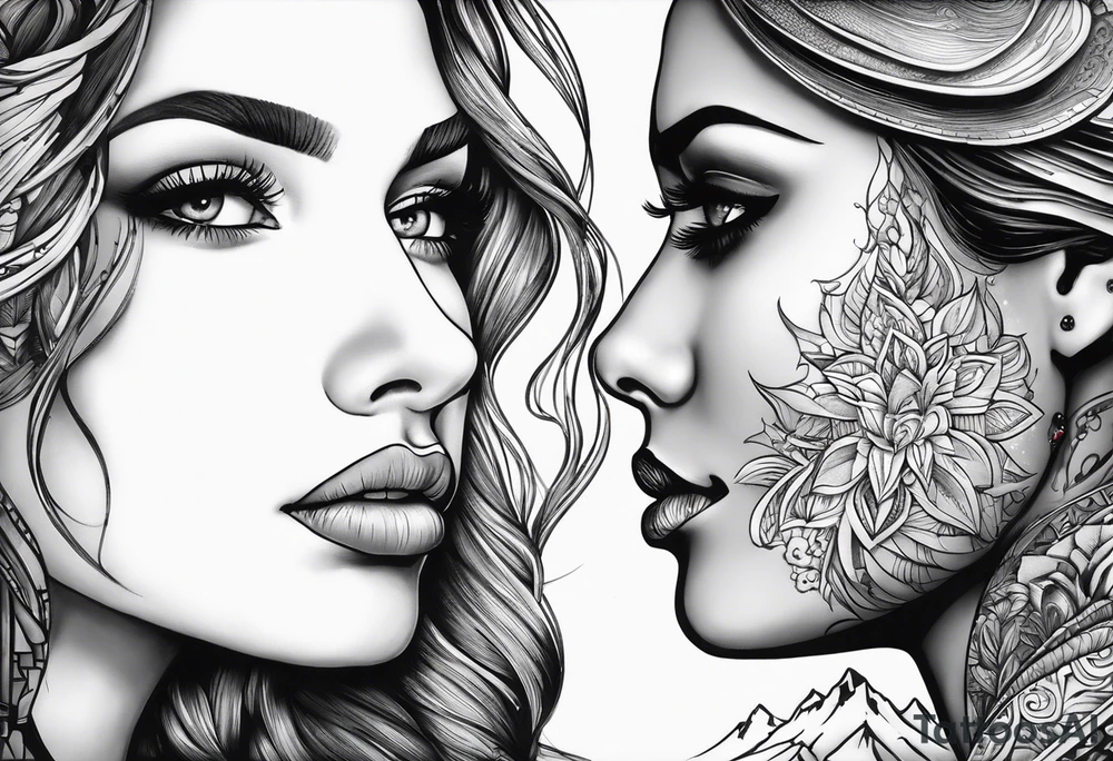 2 womans faces looking into each other eyes the womans face on the right side morphs into a city and the womans face on the left side morphs into mountains tattoo idea