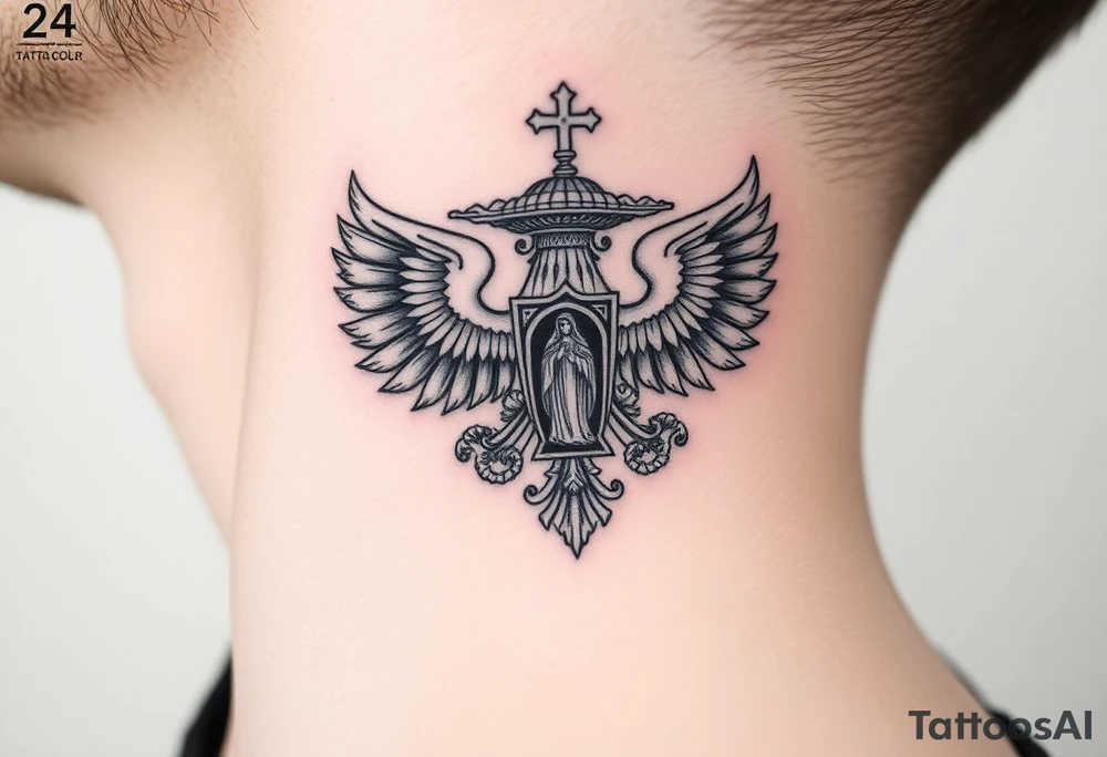 russian coat of arms double headed eagle traditional christian orthodox cross with a virgin mary stood in the entrance of a russian orthodox dome church on the side of the neck in a wilderness setting tattoo idea