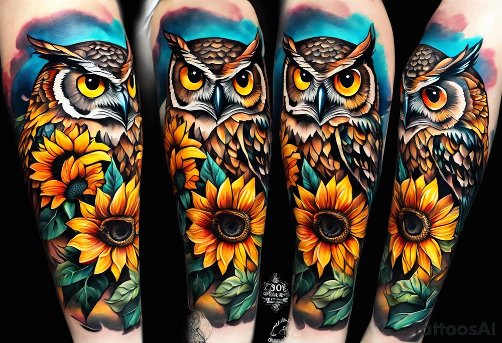 Leg sleeve with colorful sunflowers and an owl tattoo idea
