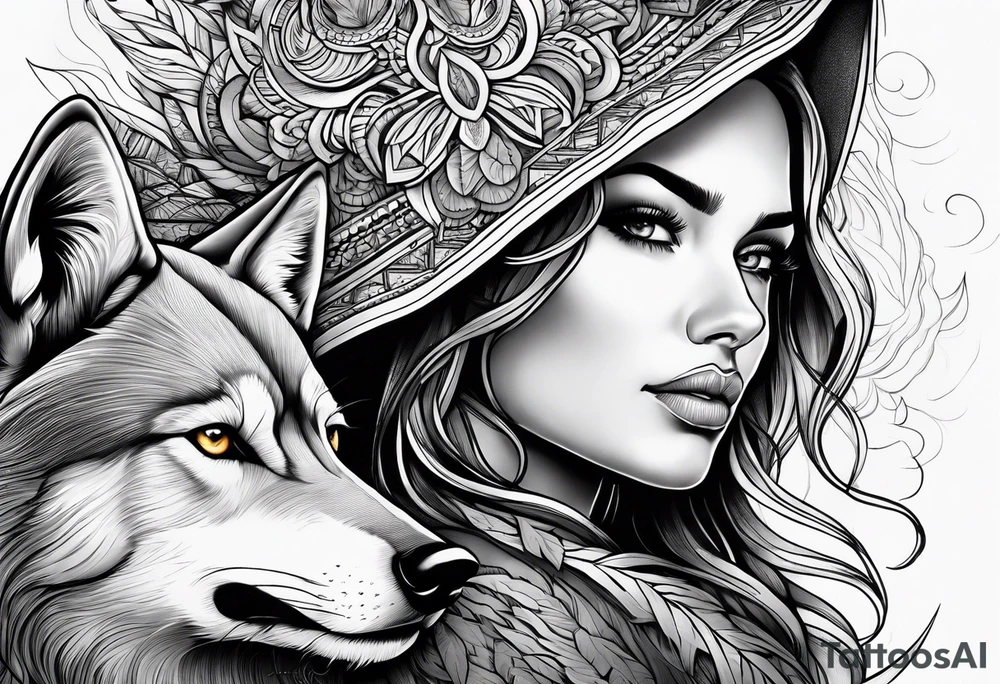 Raging storm, beautiful womans face wearing a wolf tattoo idea