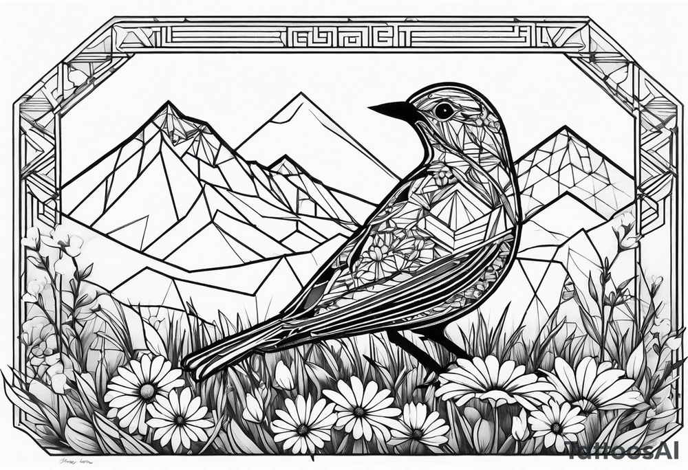 Geometric small bird outline sitting in grass and daisys with mountains in the background tattoo idea
