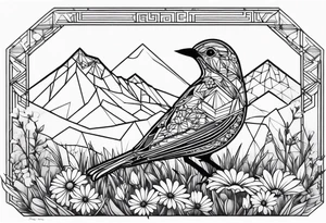 Geometric small bird outline sitting in grass and daisys with mountains in the background tattoo idea