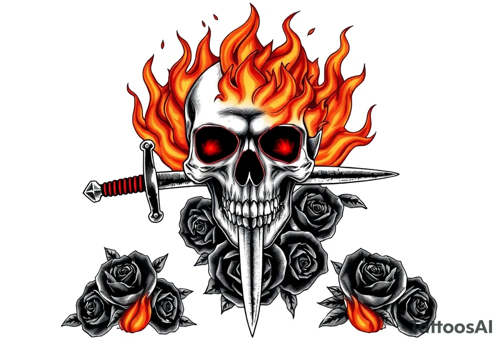 Skull engulfed in flames, broadsword through it, dark roses cascade down. tattoo idea