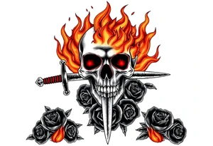 Skull engulfed in flames, broadsword through it, dark roses cascade down. tattoo idea