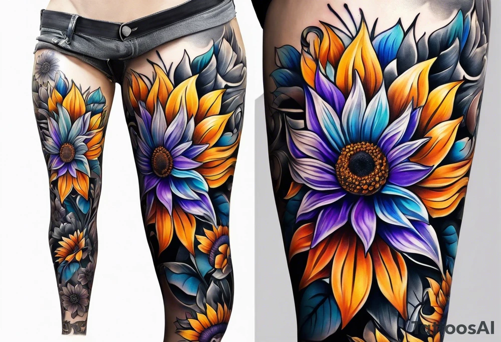 Full leg sleeve with purple, orange and blue sunflowers tattoo idea