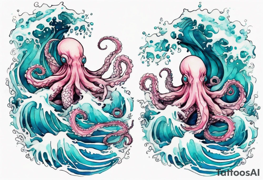 a beautiful turquoise and white and pink kraken rising from the blue waves of the ocean tattoo idea