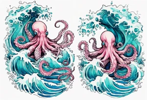 a beautiful turquoise and white and pink kraken rising from the blue waves of the ocean tattoo idea