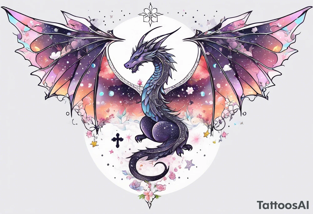 Constellation, wing , snow , cross , dragon female japan kawaii , flower tattoo idea