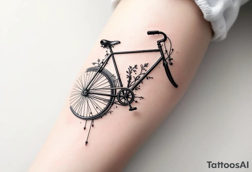 A bicycle with an oversized front wheel, painted in matte black with a touch of red and gray for a steampunk vibe. tattoo idea