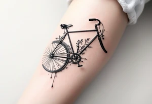 A bicycle with an oversized front wheel, painted in matte black with a touch of red and gray for a steampunk vibe. tattoo idea