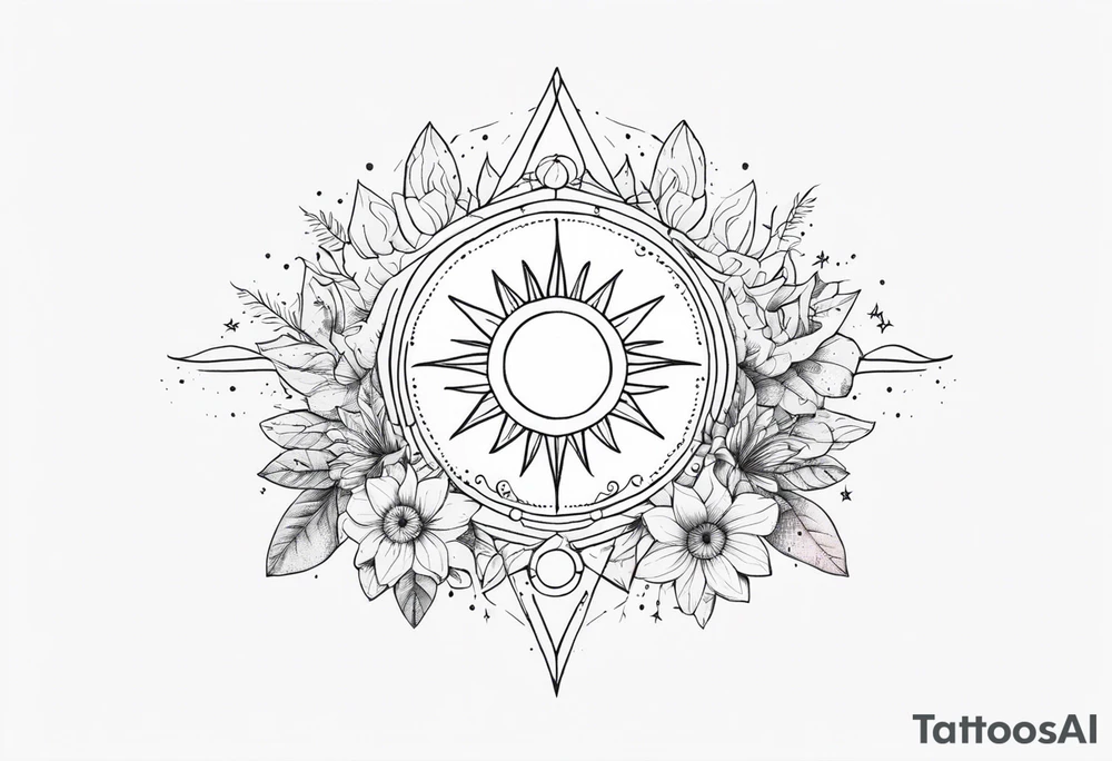 fine line with sun, stars, floral, dots. Sternum tattoo tattoo idea