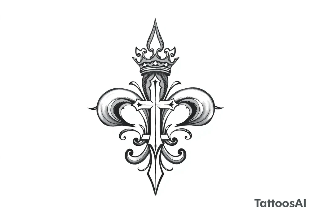 a flor de lis with a crown and a cross inside the flor de lis tattoo idea