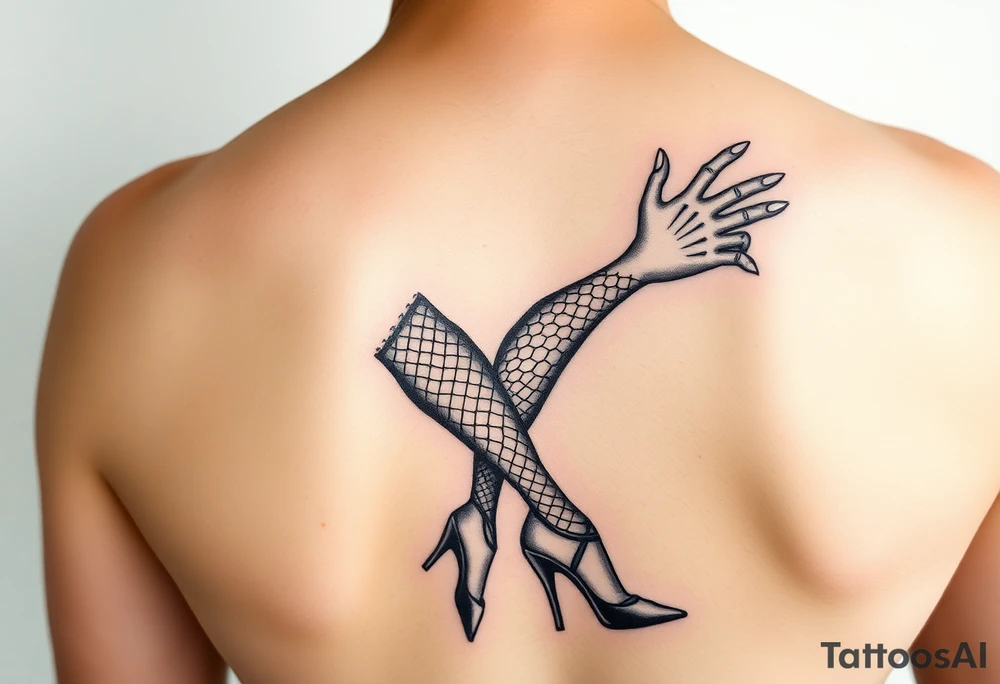 Goth woman with fishnet tights, long nails and stiletto shoes tattoo idea