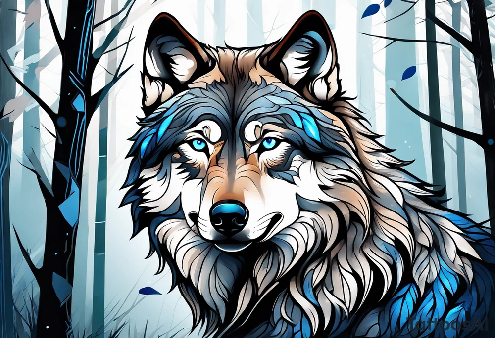 Blue eyed wolf in a forest tattoo idea