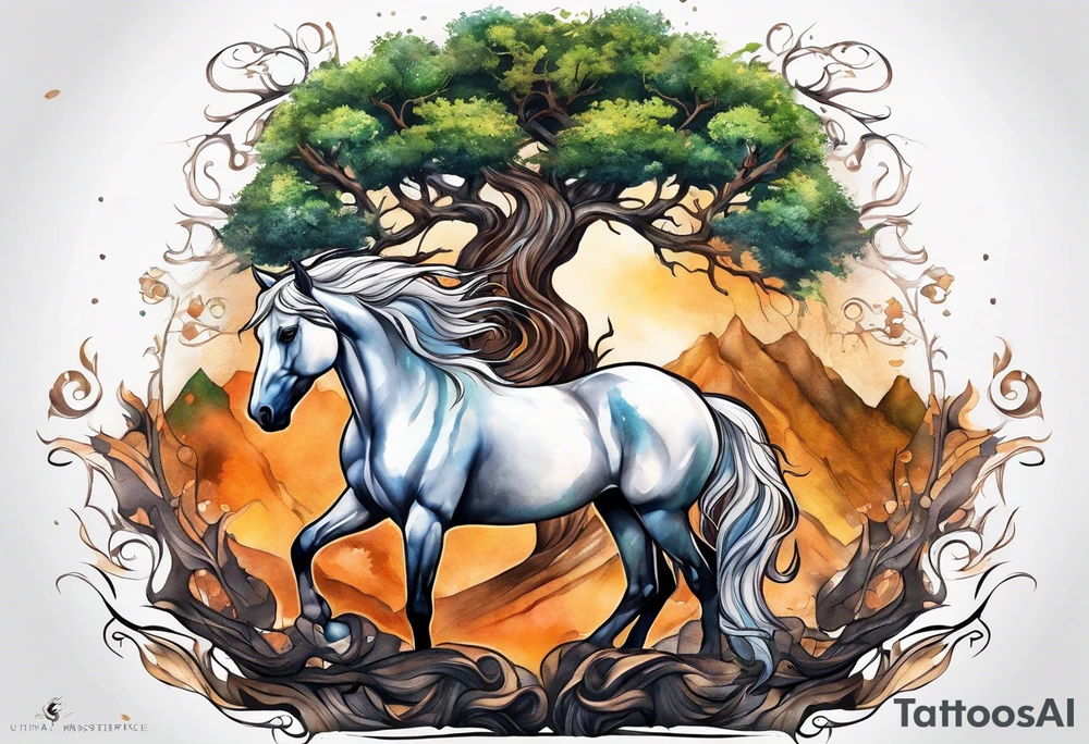 Realistic Horse and Yggdrasil tree tattoo idea