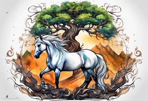 Realistic Horse and Yggdrasil tree tattoo idea