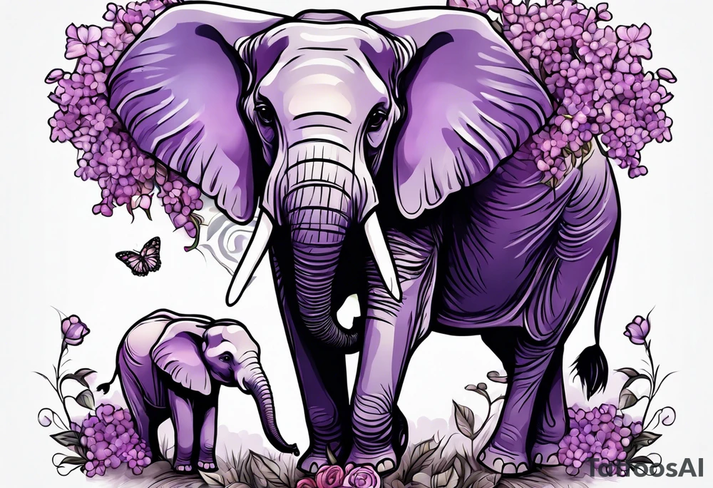 Elephant passing lilacs to a baby elephant tattoo idea