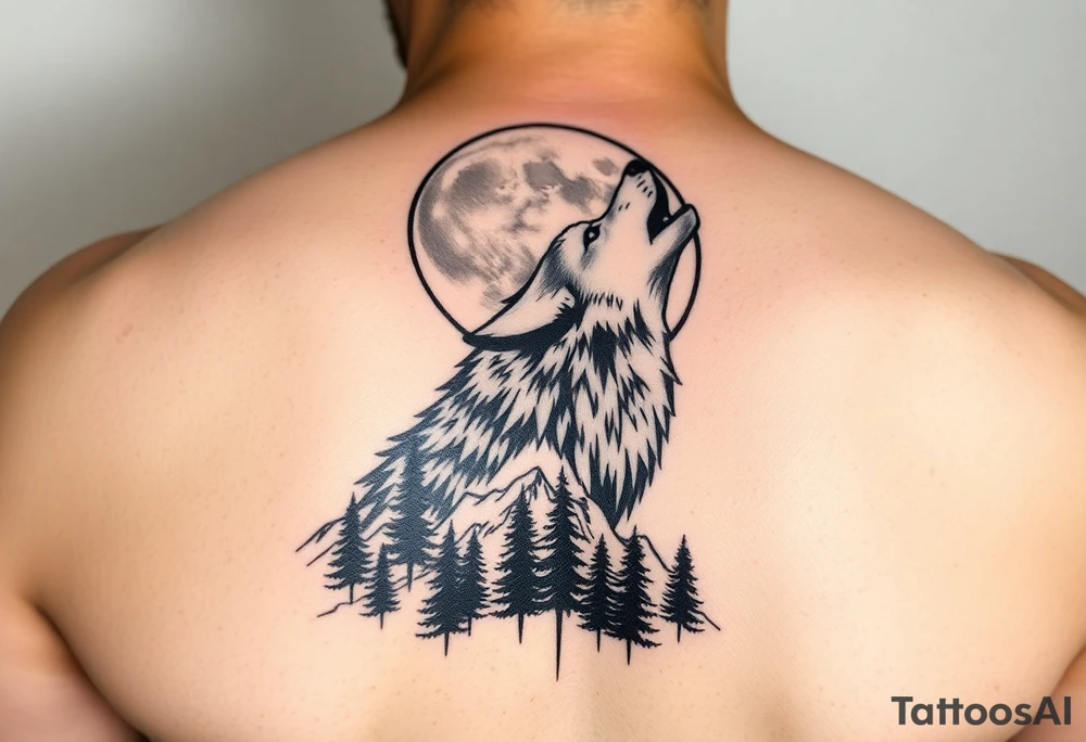 powerful majestic howling wolf to the big moon at the top, add some stars, there should be a mountain at the bottom with trees. the tattoo should on the shoulder. it needs to be very detailed and realistic. tattoo idea