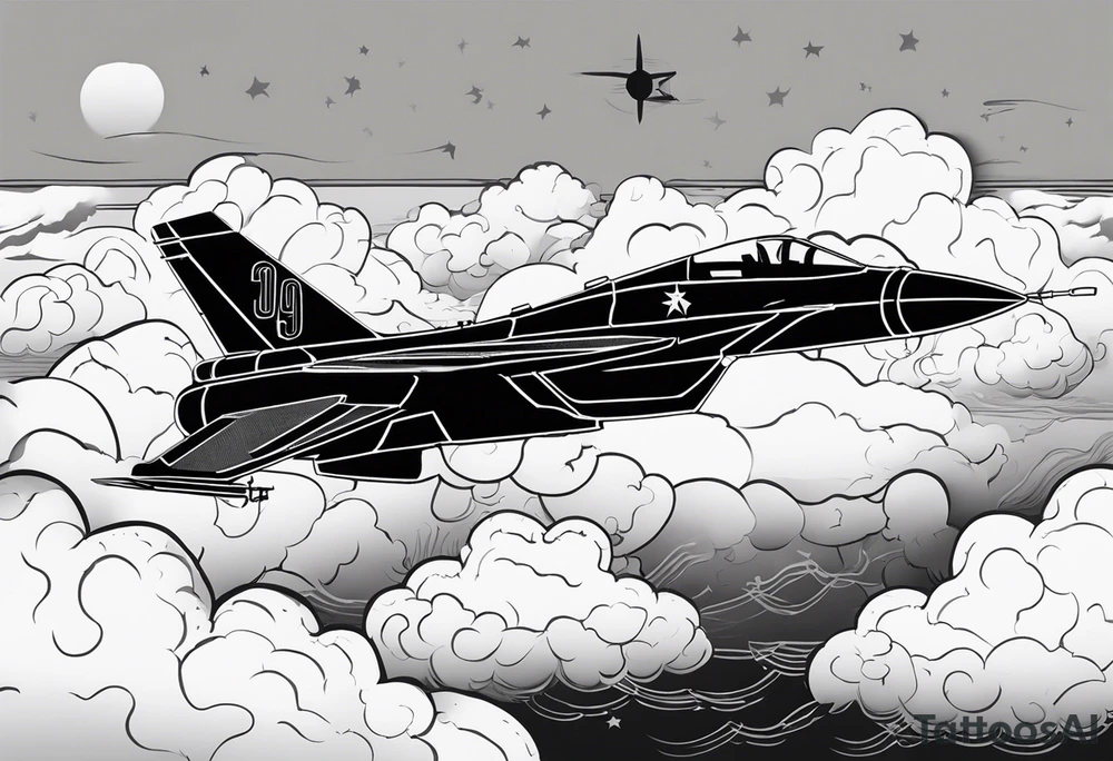 Fighter jet in the clouds with the date 09-07-2023 tattoo idea