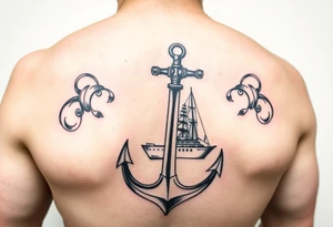 bold man with anchor and yacht tattoo idea