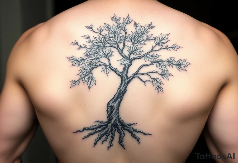 japanese maple tree as a side tattoo that goes into a chest piece and a left arm sleeve with the roots being below the waste line tattoo idea