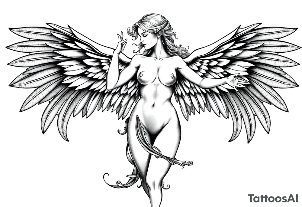 generate a stencil for a tatto of a naked female angel full body tattoo idea