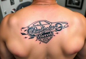 An arm tattoo with the original Dale Earnhardt car on it with the year 1958 to 2021 intertwined with a Harley-Davidson with a Budweiser logo on it tattoo idea