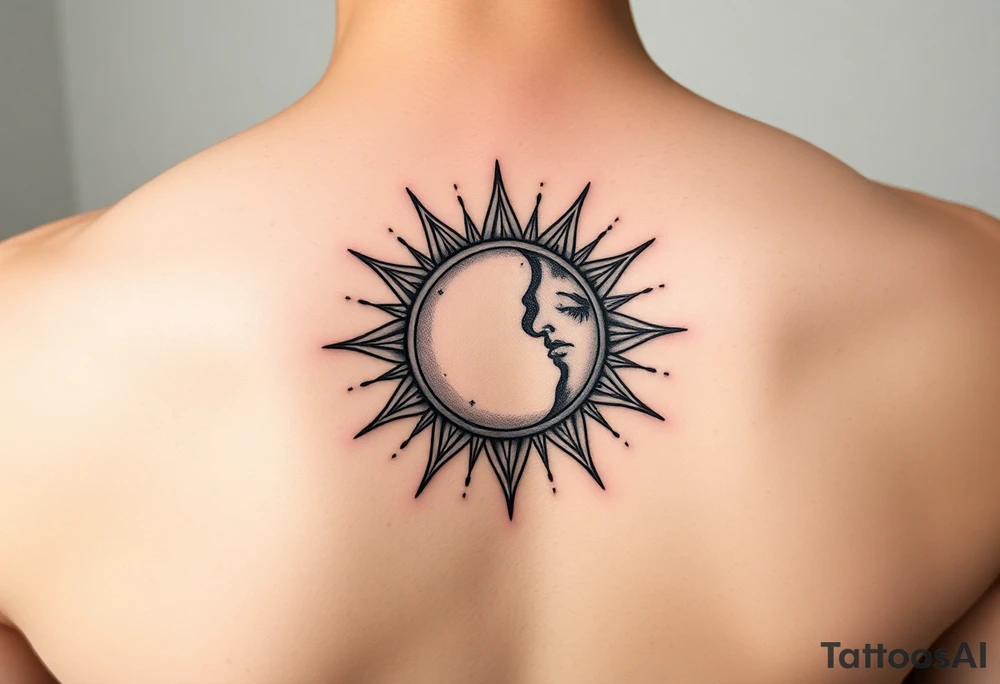 celestial sun and moon embrace with constellation patterns tattoo idea