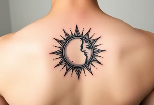 celestial sun and moon embrace with constellation patterns tattoo idea