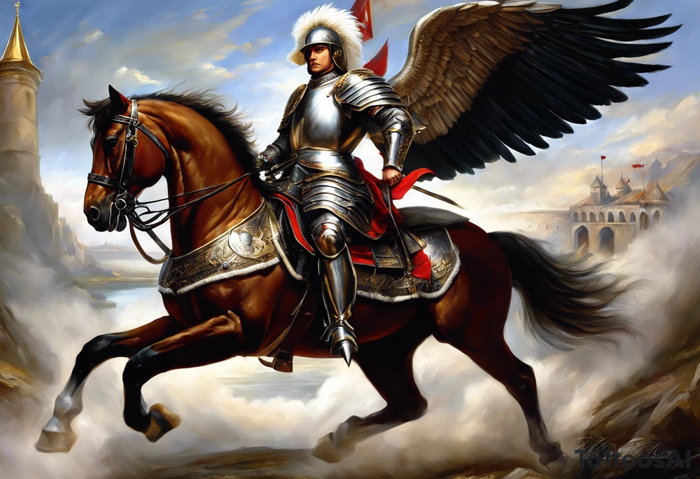 **Main Theme**: A Hussar on horseback in full armor, dynamically portrayed in the middle of a charge. The Hussar's wings are clearly visible, adding dynamics to the composition.
   - Archangel Michael positioned in the background, with a raised sword ready for battle, armed with a shield.
   - The Hussar is holding a banner showcasing the White Eagle.
   - Elements of the Arch tattoo idea