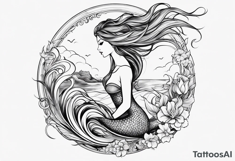 sexy full bodied mermaid with long 
flowing tail and hair, tattoo sleeve tattoo idea