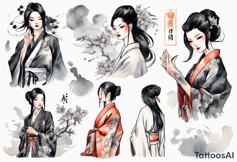 a black-haired woman dressed in a black and white robe, middle-aged, beautiful, asian tattoo idea