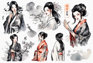 a black-haired woman dressed in a black and white robe, middle-aged, beautiful, asian tattoo idea