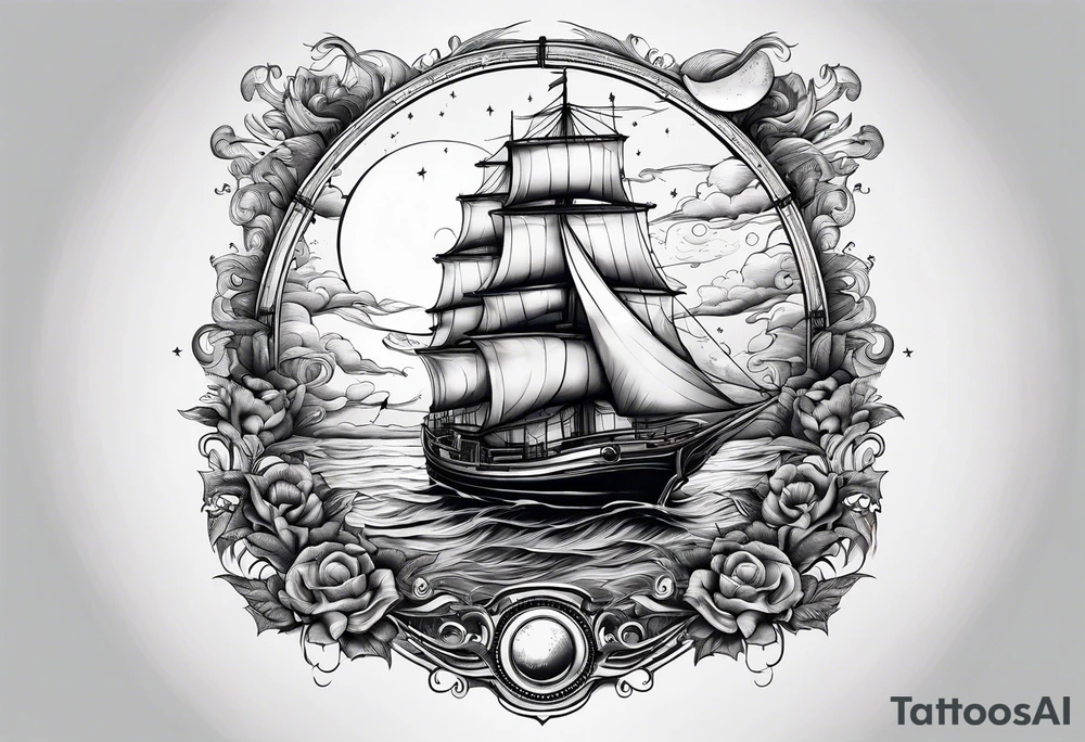 bateau, phare maritime et lune bleu tattoo idea