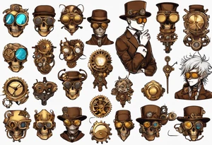 Steampunk
Anime
Gold
Brown
Sunglasses 
Mechanical devices
Leather
People tattoo idea