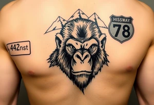 powerful aggressive ape with a street sign on the left that says 42ns st w, a highway sign on the right that says highway 78 and pyramids above the ape’s head that have snow on them. tattoo idea