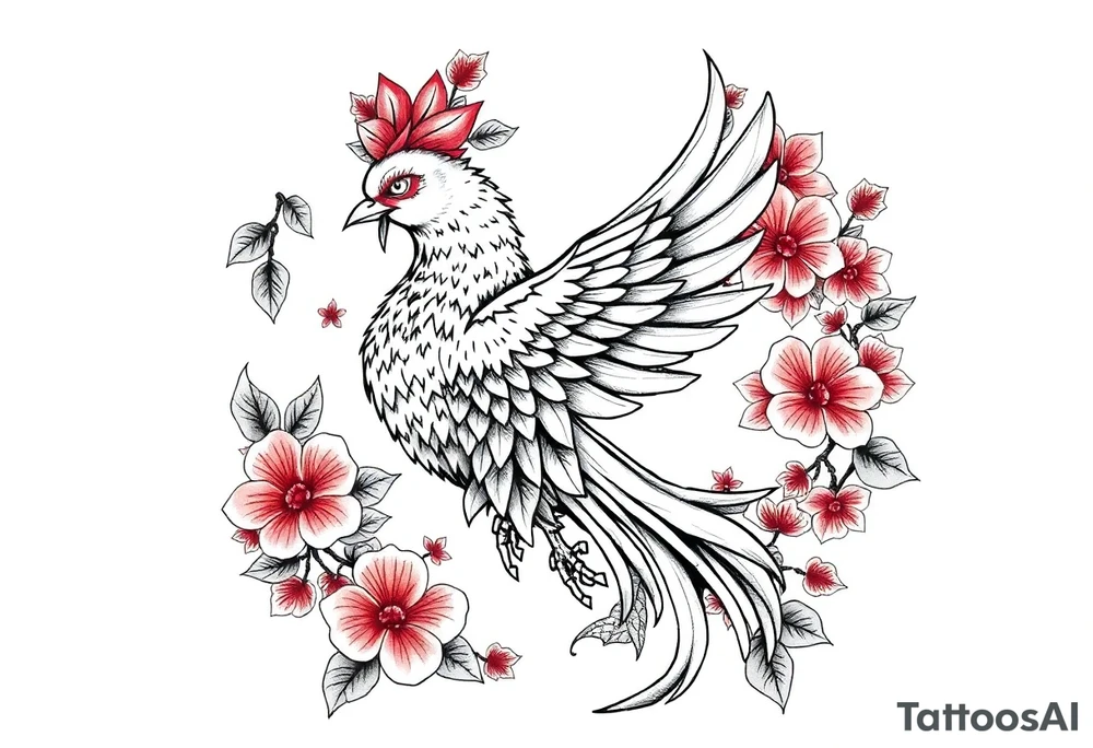 powerful japanese phenix surrounded by maple leaf and cherry blossom tattoo idea