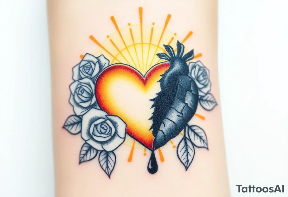 A sacred, glowing heart encased in rays of golden light, adorned with delicate white roses, representing purity, opposed to a blackened, broken heart with cracked, darkened edges, leaking a dark liquid like ink, symbolizing pain and corruption. tattoo idea