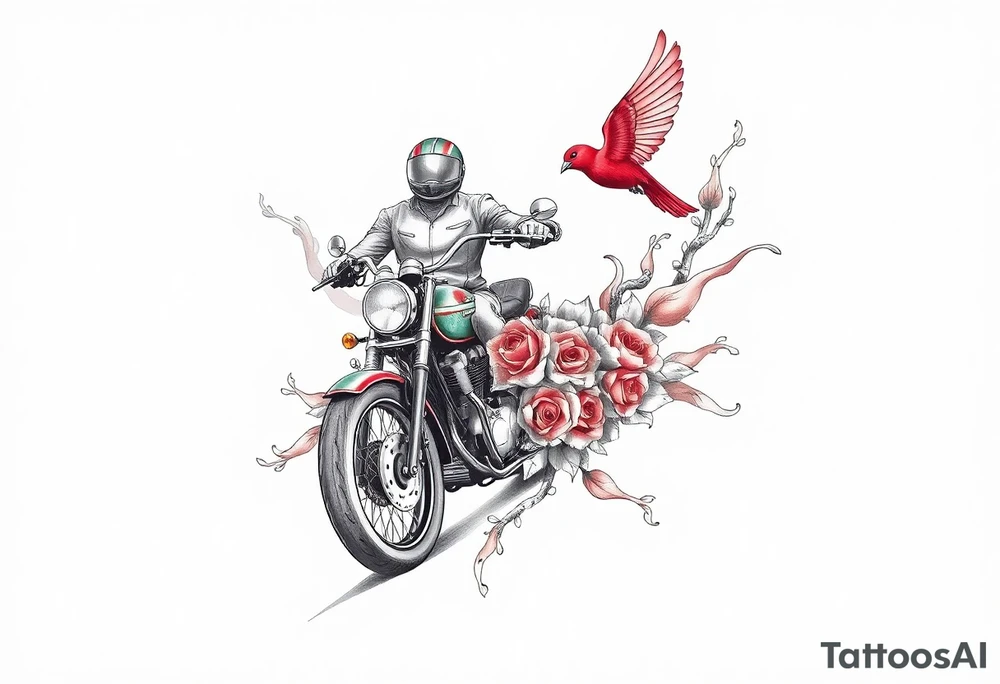 Motorcycle driving away, two red birds flying, roses and lace, flames tattoo idea