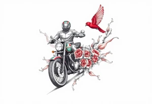 Motorcycle driving away, two red birds flying, roses and lace, flames tattoo idea