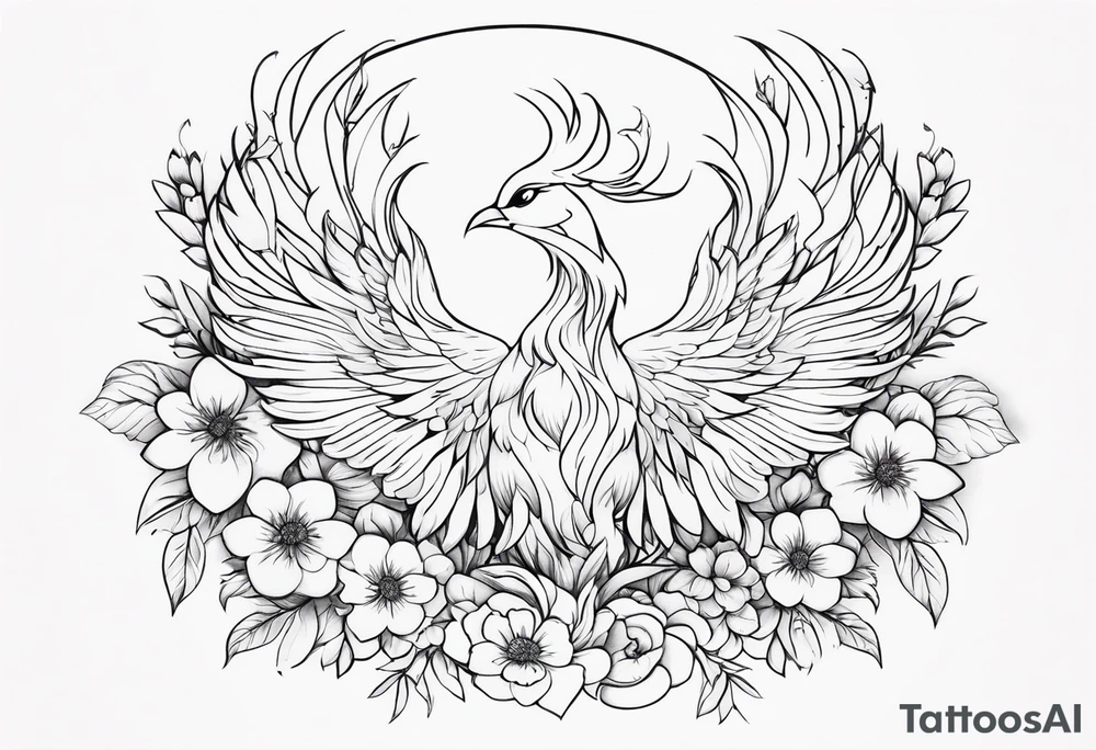 A phoenix surrounded by blooming flowers tattoo idea