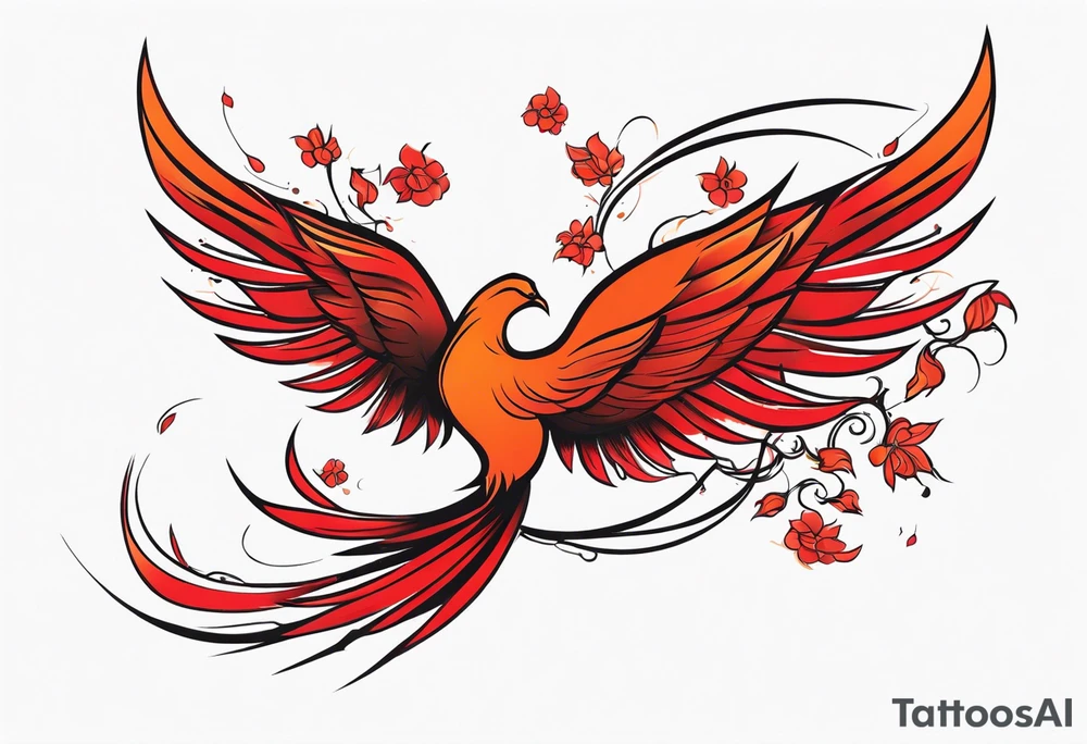 elongated phoenix in flight
in profile long tail with claws holding red flowers falling tattoo idea