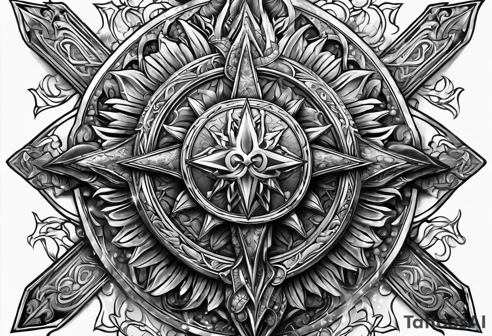armor piece with a cross in the center and a sun on the side tattoo idea