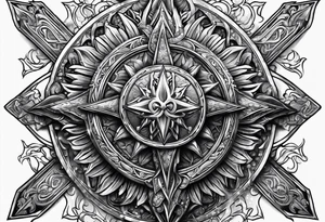 armor piece with a cross in the center and a sun on the side tattoo idea